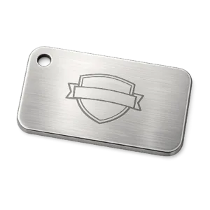 A brushed stainless steel bag tag featuring a cut-out logo area, laser engraved blank emblem, rounded corners, and a single hole designed for a ball chain or split ring attachment. Perfect for durable labeling or brand display.