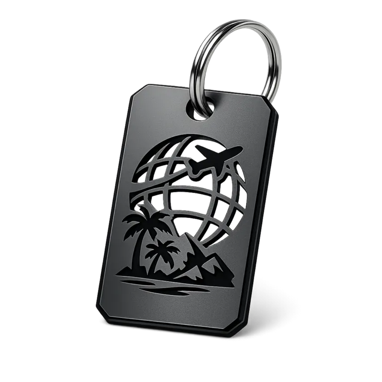 A realistic e-commerce image of a matte black anodized aluminum luggage tag with a cut-out pattern, beveled edge, and unbranded etched emblem on the front. Features a split ring attachment and is displayed on a white background.