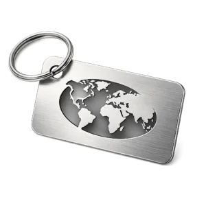 A realistic e-commerce image of a brushed stainless steel luggage tag with a cut-out pattern, featuring rounded corners and a blank laser engraved emblem on the front. Includes a split ring attachment, shown on a white studio background.