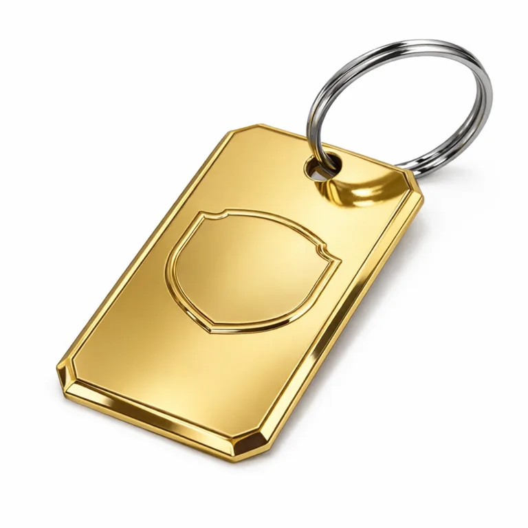 Mirror polished anodized aluminum luggage tag with sleek chamfered edges and a raised, blank emblem for subtle customization. Finished with a durable split ring for secure luggage attachment.