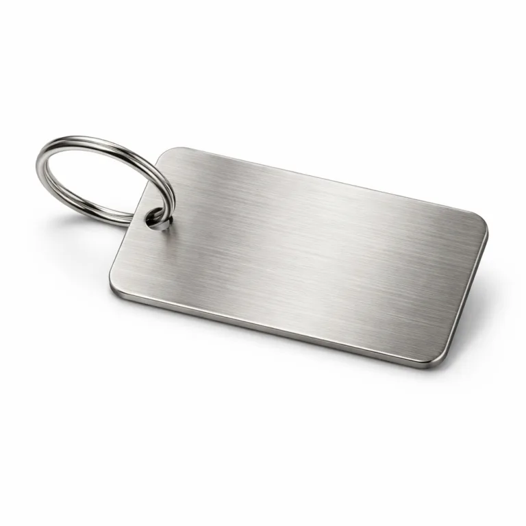 Deluxe brushed stainless steel luggage tag featuring a horizontal brushed finish for a sleek look. Rounded corners for safety and a modern aesthetic, completed with a secure split ring for attachment.