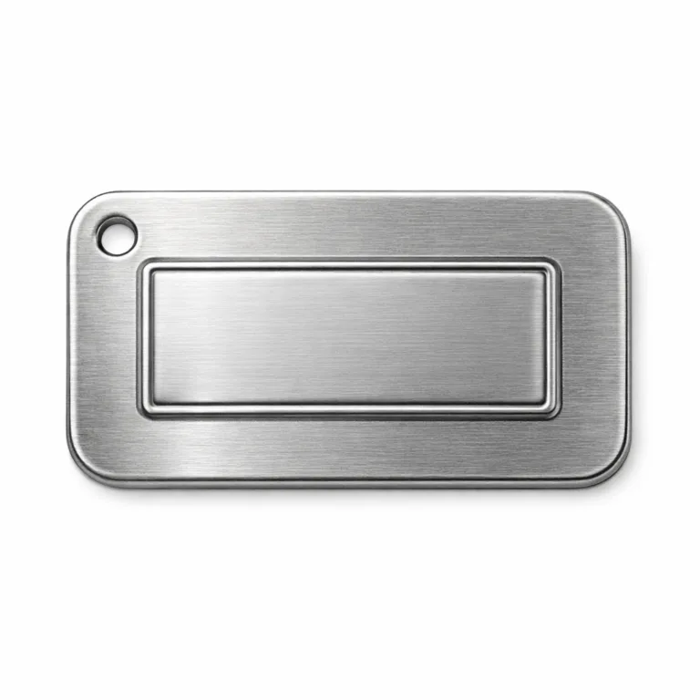 Die-cast bag tag emblem crafted from brushed stainless steel, featuring an embossed blank logo panel, rounded corners, and a single hole for chain attachment. Designed with high durability and a premium metallic look.