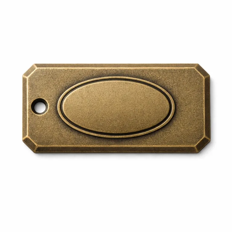 This die-cast garment logo plate is made with an antique brass finish and sandblasted matte texture. Chamfered edges and a single sew hole add a classic touch, while the blank emblem is embossed for depth. High realism studio shot for e-commerce.
