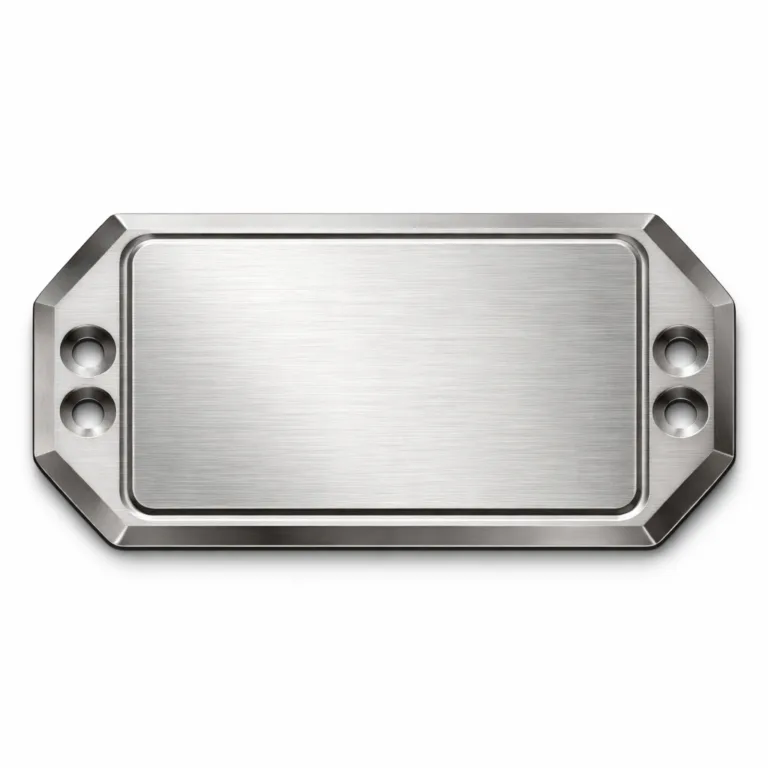 A brushed stainless steel die-cast garment logo plate featuring a beveled edge and two sewing holes. The blank emblem is raised for a clean, modern look. Studio-lit for high realism, perfect for e-commerce product imagery.