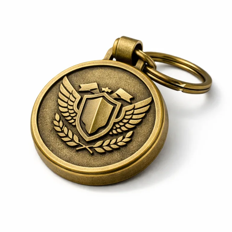 A robust antique brass plated luggage tag with a sandblasted matte finish and thick profile, showcasing an embossed blank logo design and an attached split ring for secure fastening.