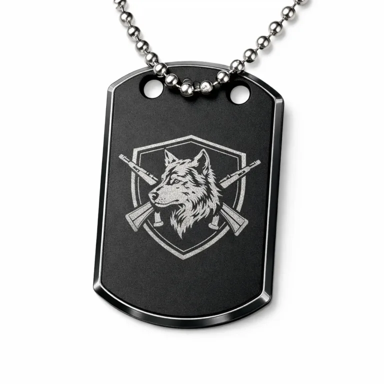 Dog tag variant constructed from anodized aluminum featuring a beveled edge, dual holes for the ball chain, and a laser-etched emblem. Ideal for lightweight, modern identification.
