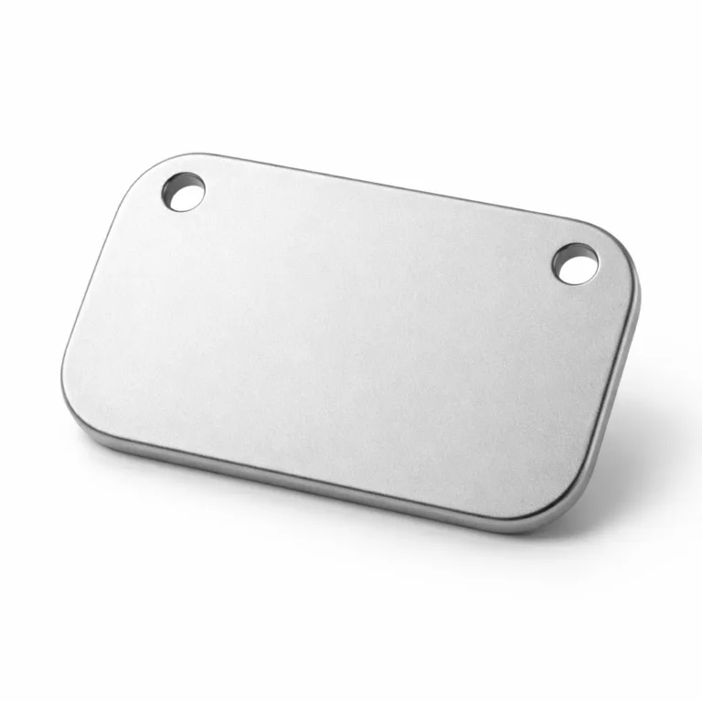 Lightweight anodized aluminum dog tag with a matte finish and fine etched design on the surface. Rounded corners and double holes for versatile attachment.