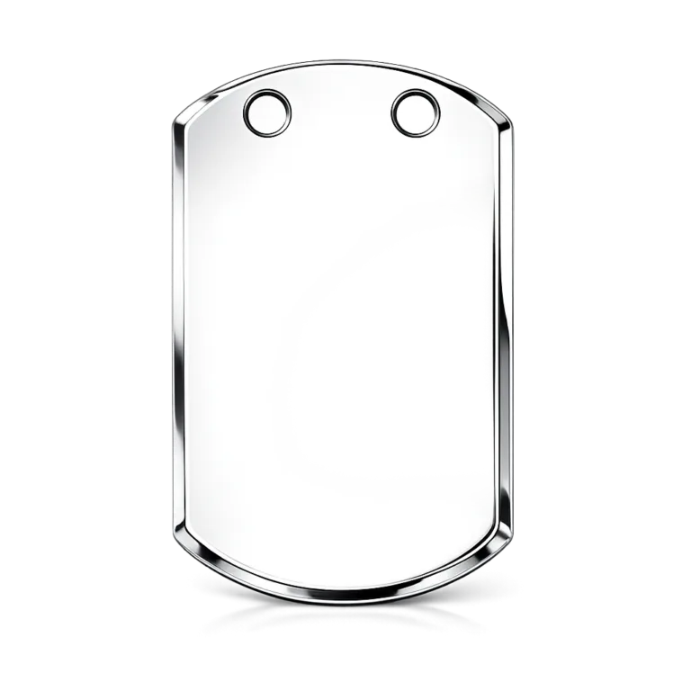 A mirror polished dog tag constructed from anodized aluminum, designed with beveled edges and two upper holes for secure chain connection. Sleek and lightweight for everyday use.