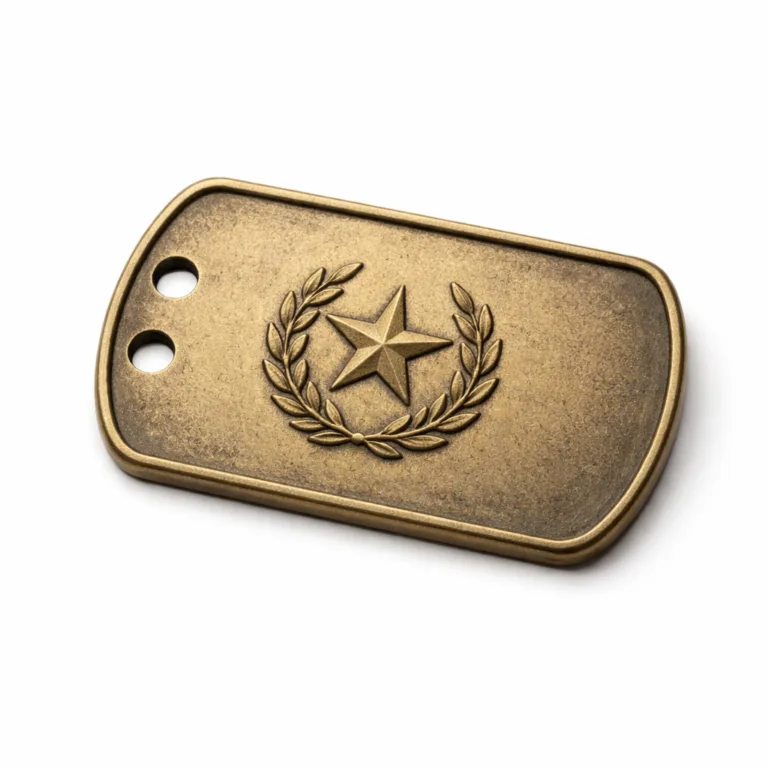 E-commerce product photo of an antique brass dog tag with a sandblasted matte surface, double holes for ball chain attachment, and a debossed blank emblem in the center, offering a vintage metal tag style.