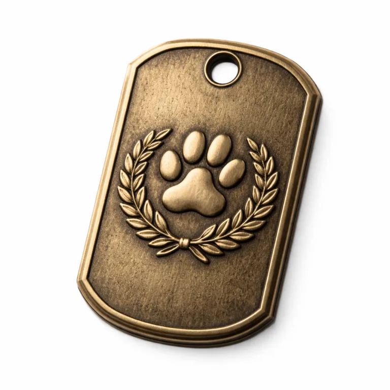 Classic antique brass dog tag with rounded corners, a chamfered edge profile, and a stylish embossed blank emblem. One hole for chain or ring attachment.