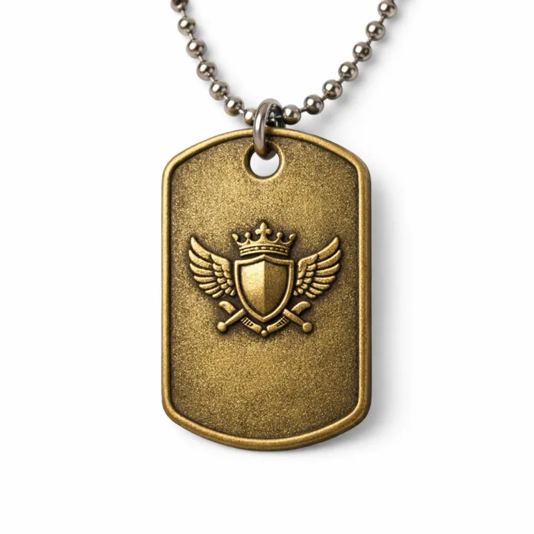 Dog tag crafted with an antique brass finish and sandblasted matte surface. Features a central embossed emblem and a single hole for secure ball chain attachment.