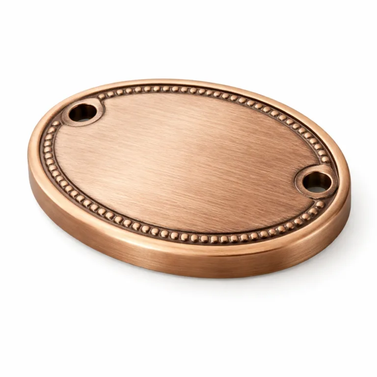 High-detail studio image of an antique brass dog tag with a brushed finish, featuring a thicker profile, double holes for chain, and subtle embossed border detailing. Perfect for showing texture and depth in an e-commerce main image.