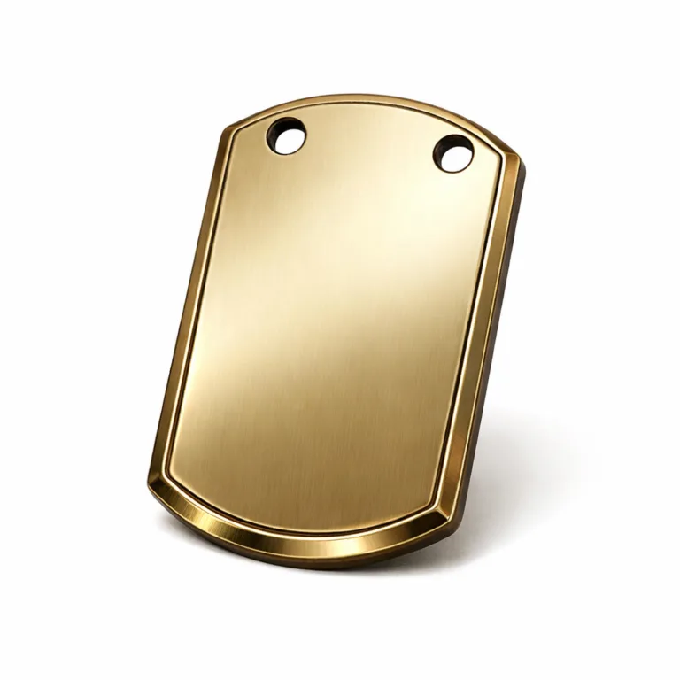 A commercial product photo of a tactical dog tag plated in antique brass, featuring a mirror polished surface, chamfered edge, double holes, and a laser-engraved blank emblem for a premium look.