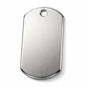 A brushed stainless steel dog tag featuring rounded corners and a distinct beveled edge. Single hole for chain attachment. Durable and modern, ideal for pet identification.
