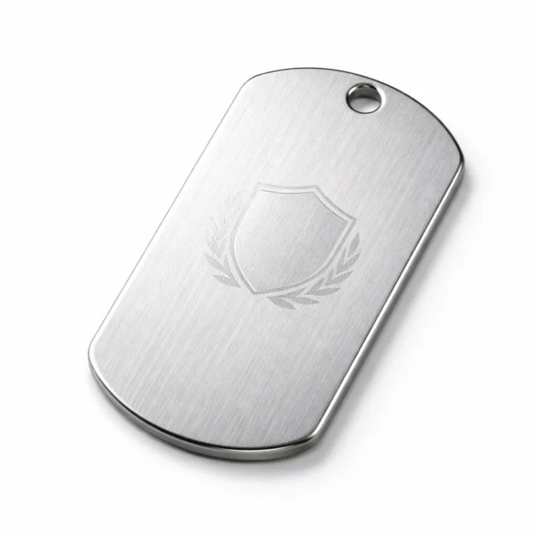 High realism studio photo of a brushed stainless steel dog tag, rectangular with rounded corners, featuring a single chain hole and blank emblem laser-engraved at the center. Ideal for custom metal identification.