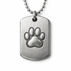 Deep-stamped dog tag made from brushed stainless steel with thick rounded corners and a debossed emblem. Attached with a classic ball chain. High-realism studio shot for commerce use.