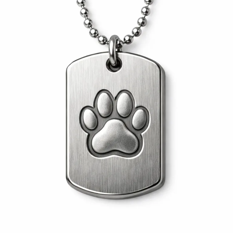 Deep-stamped dog tag made from brushed stainless steel with thick rounded corners and a debossed emblem. Attached with a classic ball chain. High-realism studio shot for commerce use.