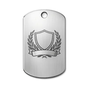 A dog tag made from brushed stainless steel, featuring softly rounded corners and a blank laser-engraved emblem. Includes a single hole for attaching a chain. Ideal for pet identification.