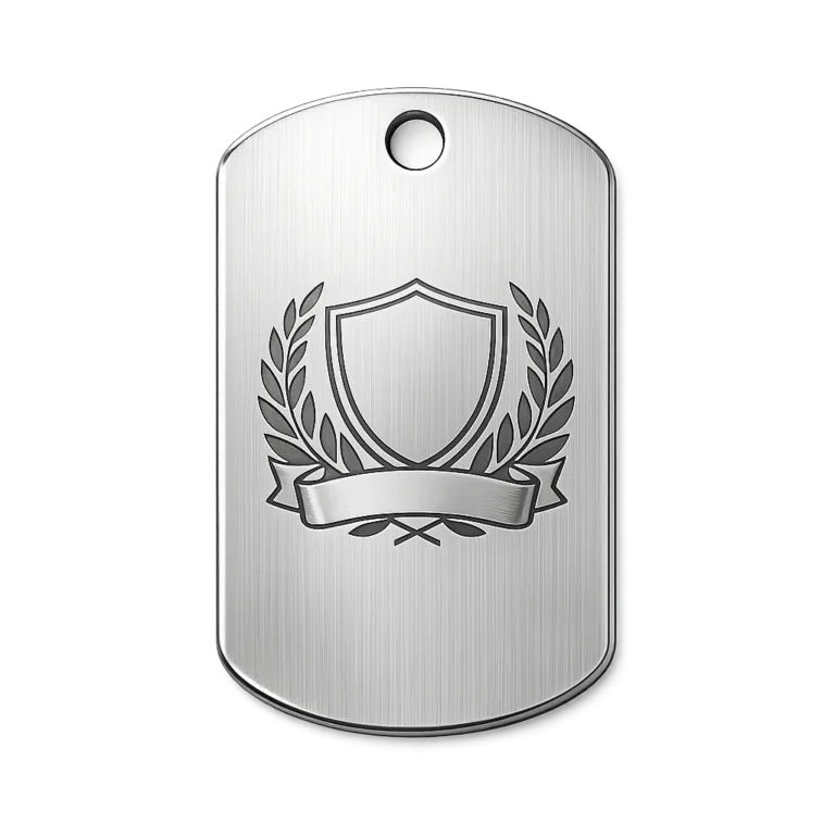 A dog tag made from brushed stainless steel, featuring softly rounded corners and a blank laser-engraved emblem. Includes a single hole for attaching a chain. Ideal for pet identification.