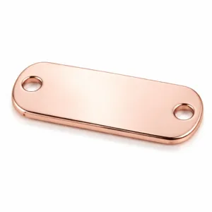 A realistic studio image of a polished rose gold stainless steel dog tag featuring rounded corners, double holes for chain attachment, and a mirror-like finish. Shown against a pure white background, ideal for e-commerce display.