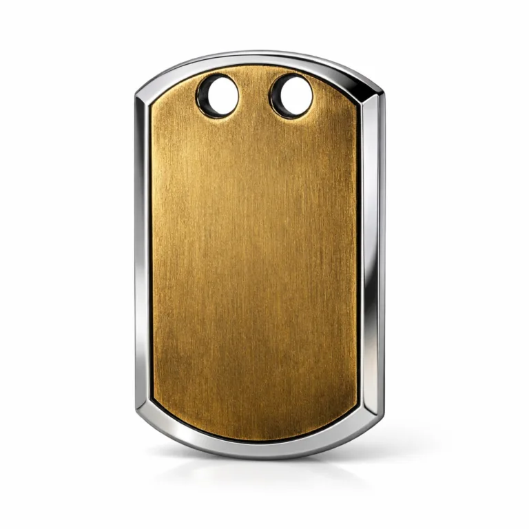 A dog tag crafted from brushed stainless steel with a mirror polished finish, featuring a beveled edge and two top holes for secure attachment to a ball chain.