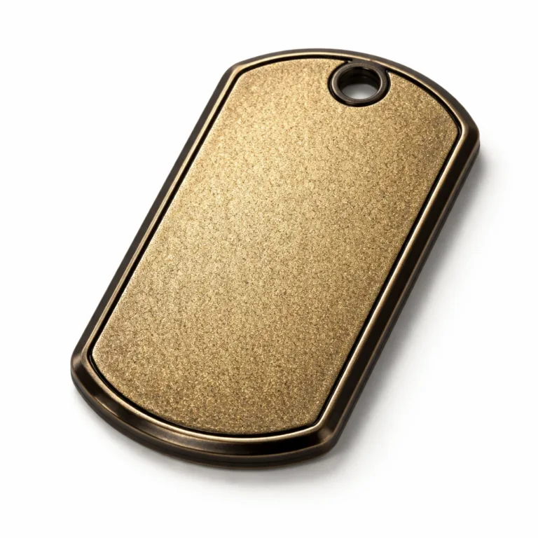 This dog tag is manufactured from zinc alloy with a durable black nickel plating and elegant sandblasted matte surface texture, highlighting a chamfered edge and a single precise hole for a chain.