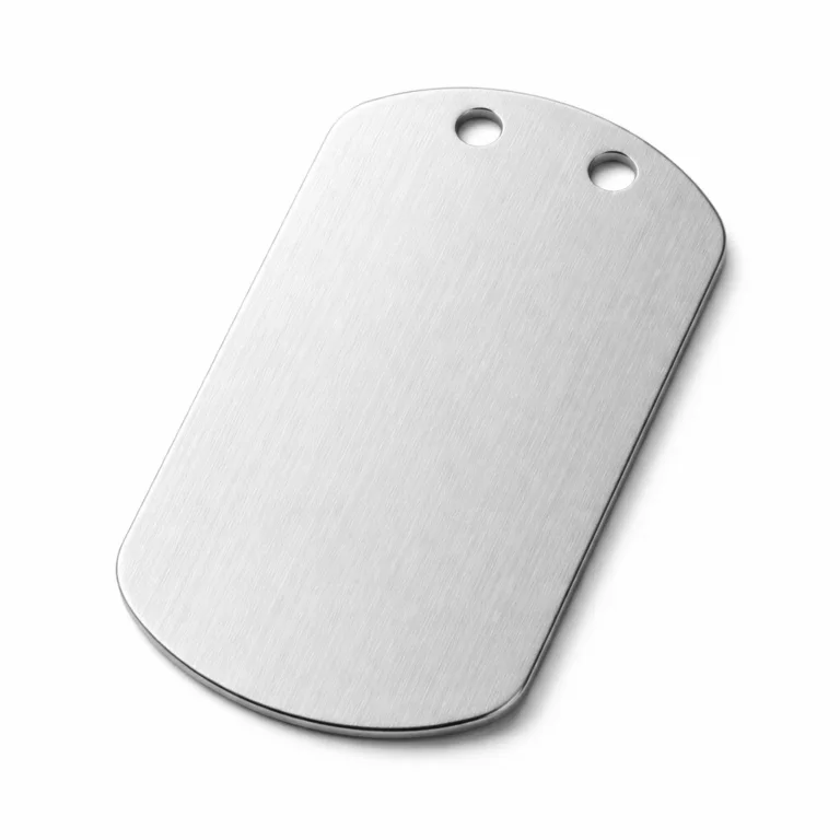 A dog tag manufactured from anodized aluminum, with a durable brushed and matte surface finish. Features dual holes for attaching or sewing, perfect for lightweight identification needs.