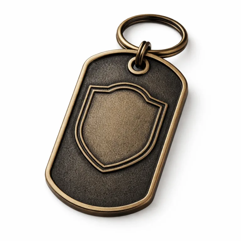 A vintage-style dog tag in antique brass finish over zinc alloy base, featuring a sandblasted matte texture and debossed emblem area, attached to a single split ring for hanging. Shown in a studio setting for product clarity.