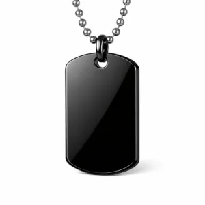 A black stainless steel dog tag featuring a polished mirror finish and rounded corners, attached to a single ball chain. Ideal for custom engraving, shown in professional studio lighting for product showcase.