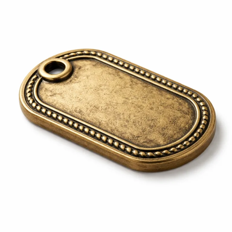 A stylish antique brass dog tag featuring an embossed border, thick and sturdy profile, single hole for ball chain, and a rich lightly aged finish.