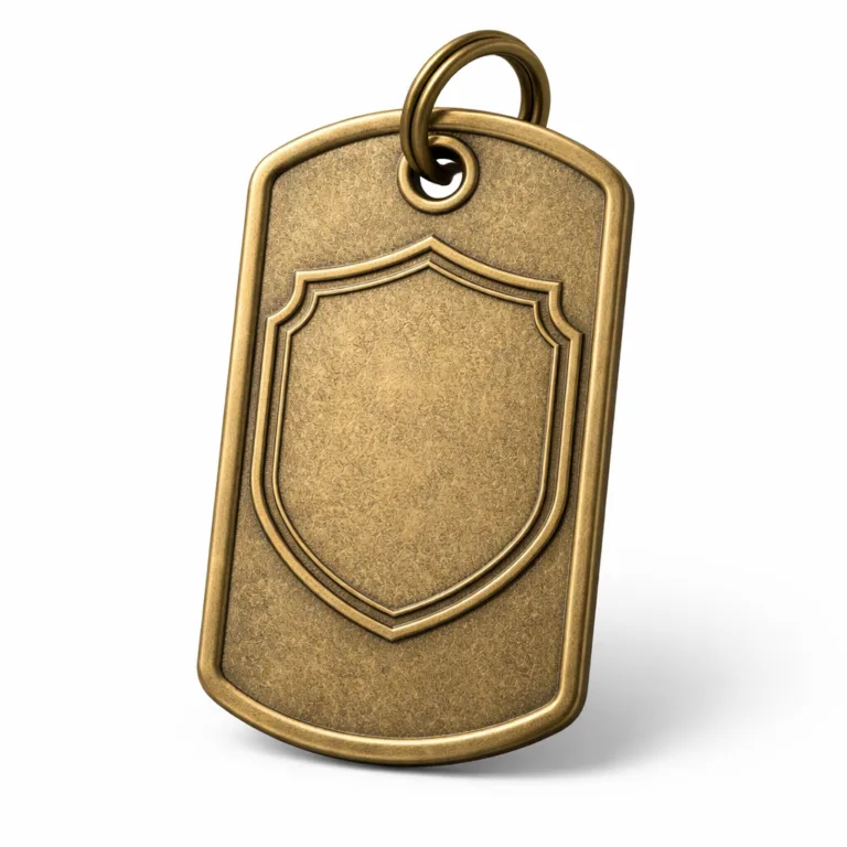 A realistic product image of an antique brass dog tag crafted from zinc alloy with a sandblasted matte finish, rounded corner profile, and a debossed blank emblem for customization.