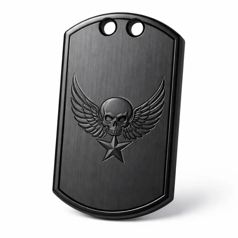 A matte black nickel dog tag crafted from brushed stainless steel, featuring a beveled edge and laser-engraved emblem design. Comes with double holes at the top for chain attachment, presented for e-commerce with sharp details.