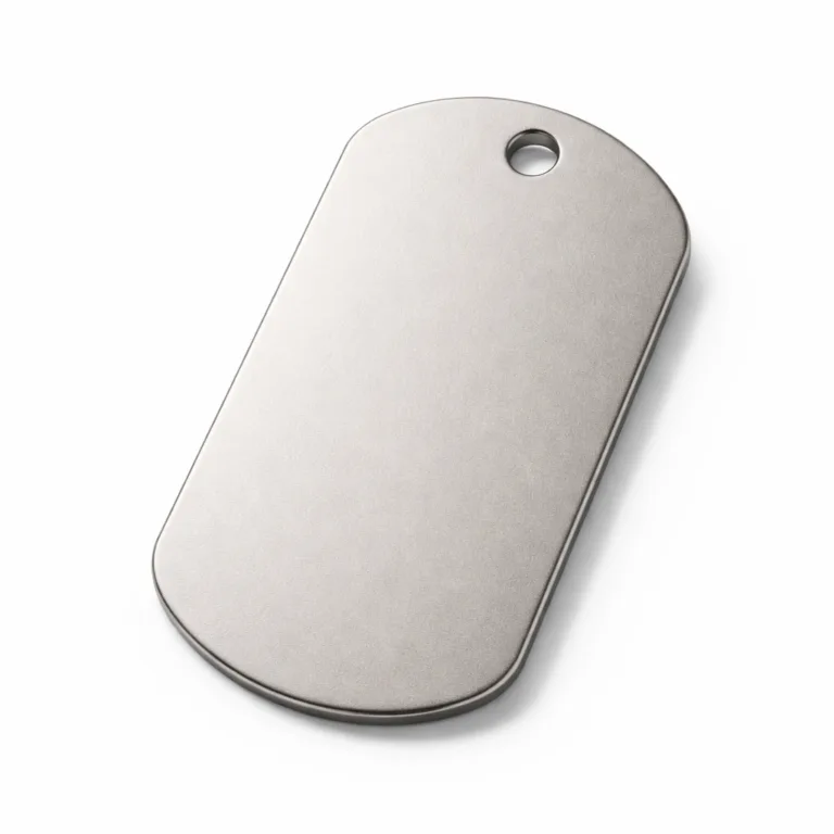 A realistic studio photo of a matte nickel-plated stainless steel dog tag featuring a single hole for attachment and a classic flat design, ideal for durable nameplate applications.