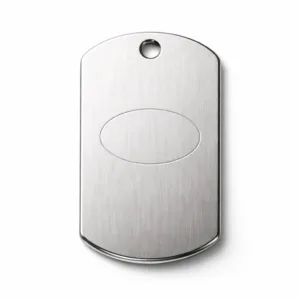 A high quality, brushed stainless steel dog tag featuring a beveled edge, single hole for chain attachment, and a clean laser engraved blank emblem at the center.