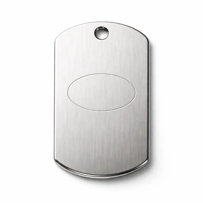 A high quality, brushed stainless steel dog tag featuring a beveled edge, single hole for chain attachment, and a clean laser engraved blank emblem at the center.