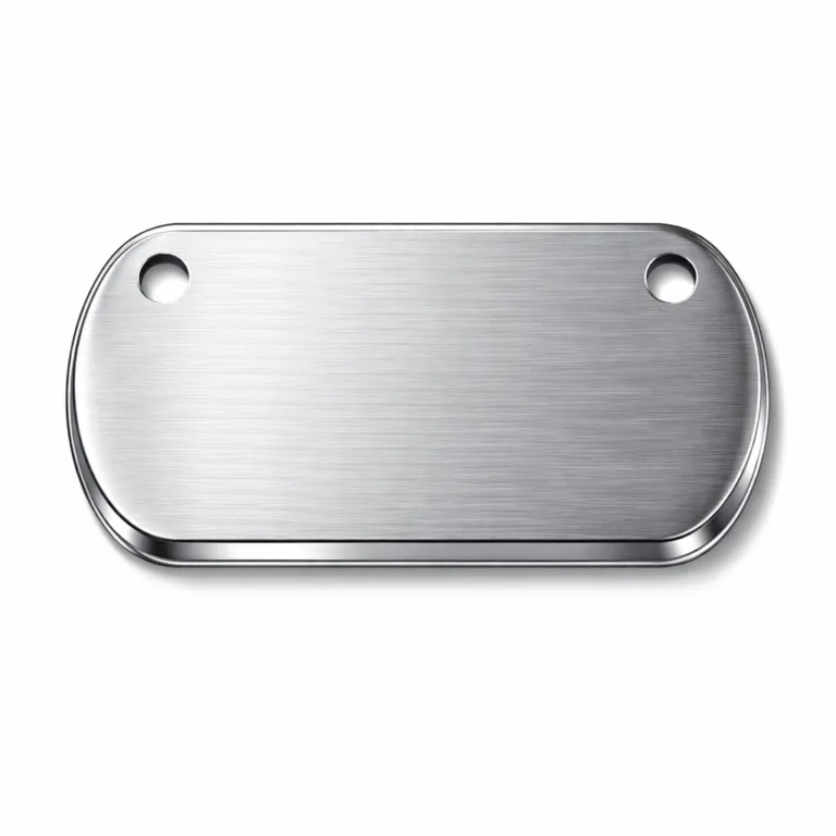 Studio photo of a brushed stainless steel dog tag with a modern beveled edge, double holes for versatile attachment, and a linear brushed finish.