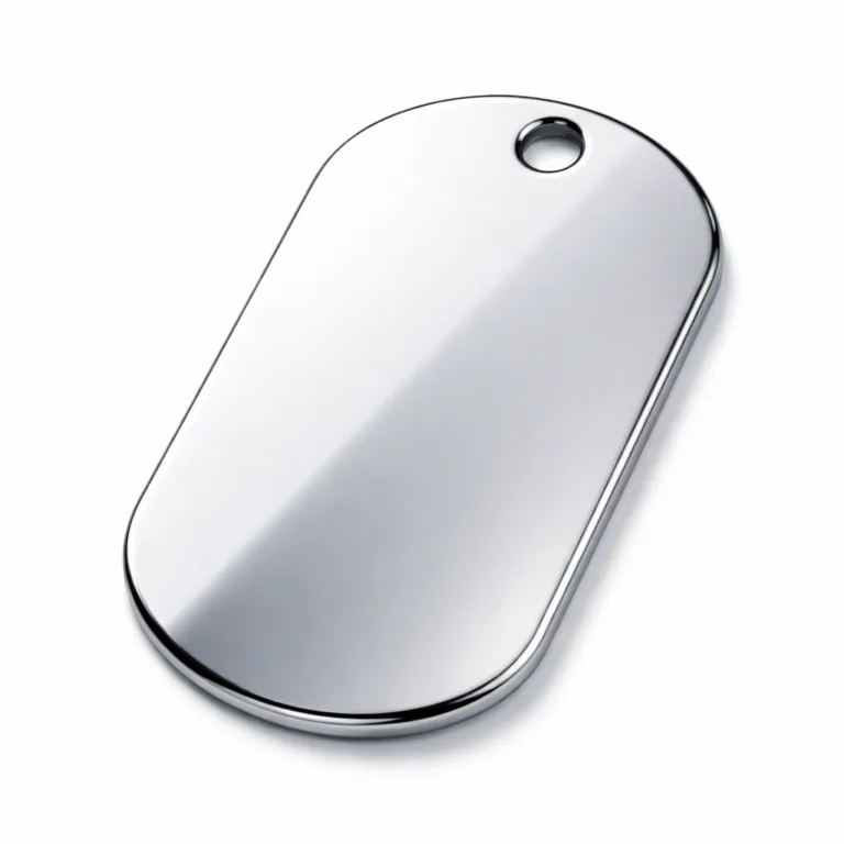 A stainless steel dog tag featuring a classic mirror-polished finish for high shine, with a single top hole for mounting on a ball chain, photographed in the studio on a white background for crisp detail.