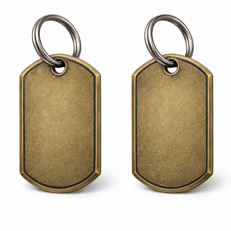 A double-sided dog tag in durable antique brass, sandblasted for a matte texture and featuring a chamfered edge. Comes with a split ring attachment, displaying a vintage look and feel in an e-commerce ready photo.