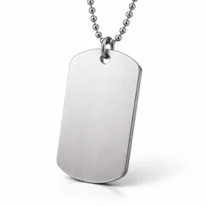 A double-sided dog tag made from brushed stainless steel, featuring softly rounded corners for comfort and a classic ball chain. The clean surface is ideal for engraving, with a subtle metallic grain and high-quality studio lighting.