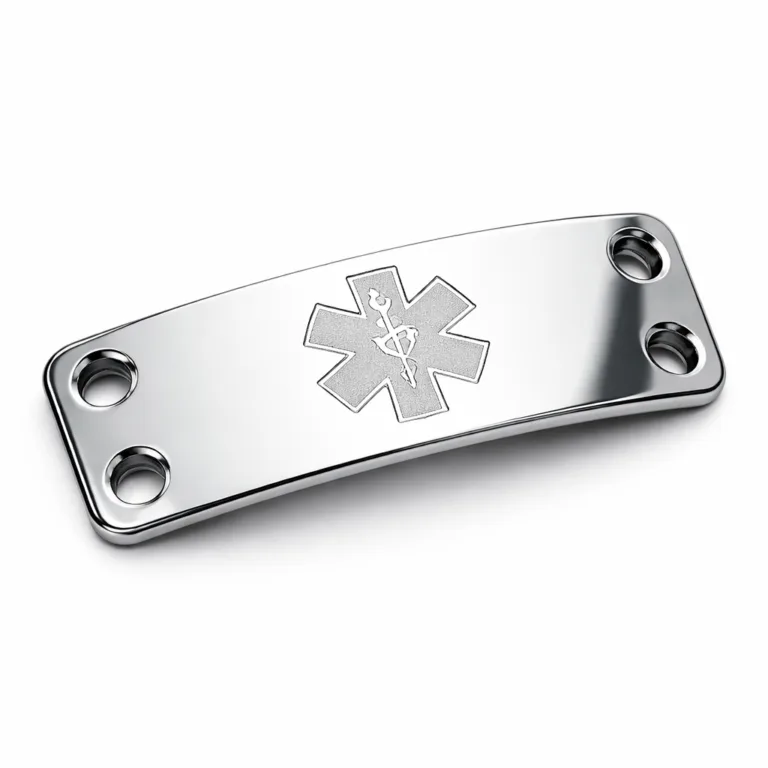 Realistic close-up of an anodized aluminum bracelet tag for emergency contact. Features a mirror polished surface, beveled edge detailing, double sewing holes at each side for secure bracelet attachment, and an etched blank emblem on the front.
