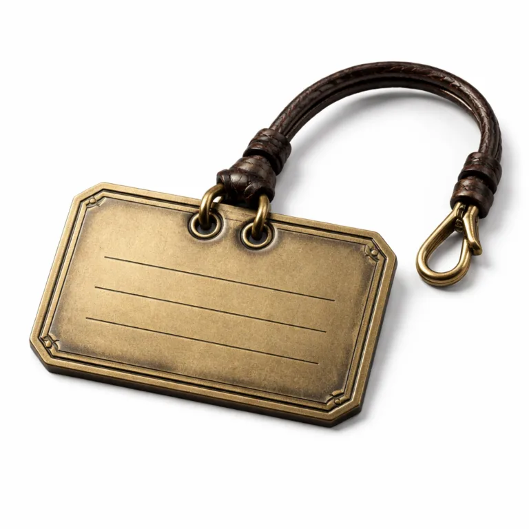 A classic antique brass luggage tag with a sandblasted matte texture and raised embossed border for refined styling. Double holes allow flexible mounting options. Designed for both elegance and robustness.