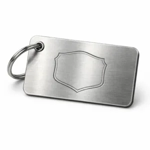A brushed stainless steel luggage tag featuring crisp laser engraving for the address panel, rounded corners for safety, and a secure split ring for luggage attachment. Modern and durable, ideal for frequent travelers.