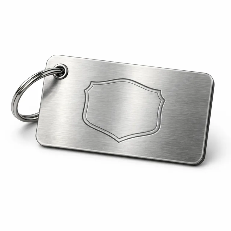 A brushed stainless steel luggage tag featuring crisp laser engraving for the address panel, rounded corners for safety, and a secure split ring for luggage attachment. Modern and durable, ideal for frequent travelers.