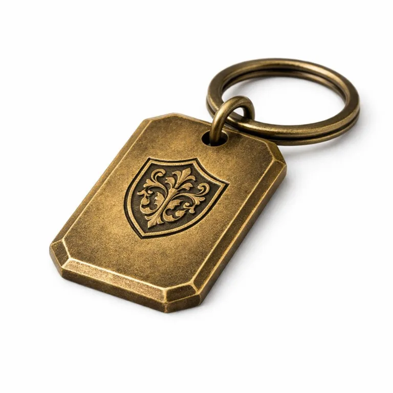 Studio product image featuring an antique brass keychain tag with chamfered edges, debossed emblem, and classic single split ring. Provides vintage aesthetics and lasting identification.