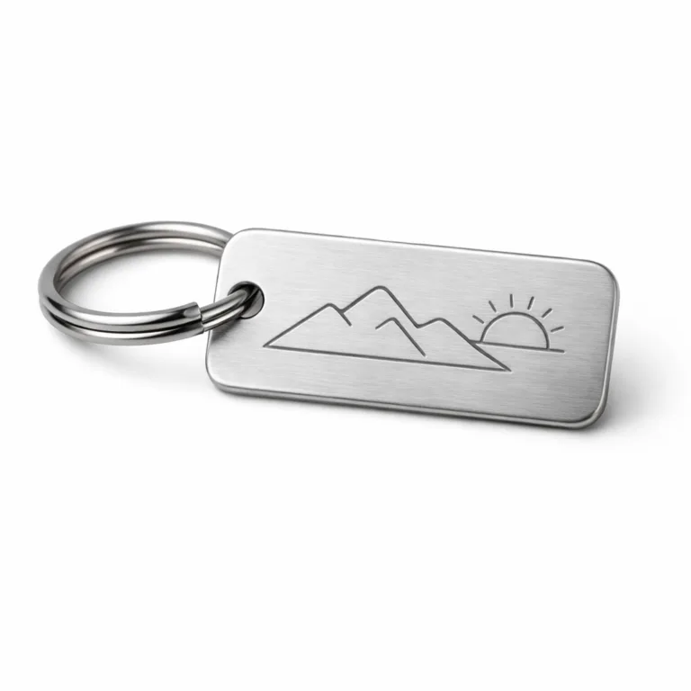High realism studio image of a brushed stainless steel keychain tag, laser engraved logo outline, rounded corners and a standard split ring attachment. Ideal for secure key identification and branding.