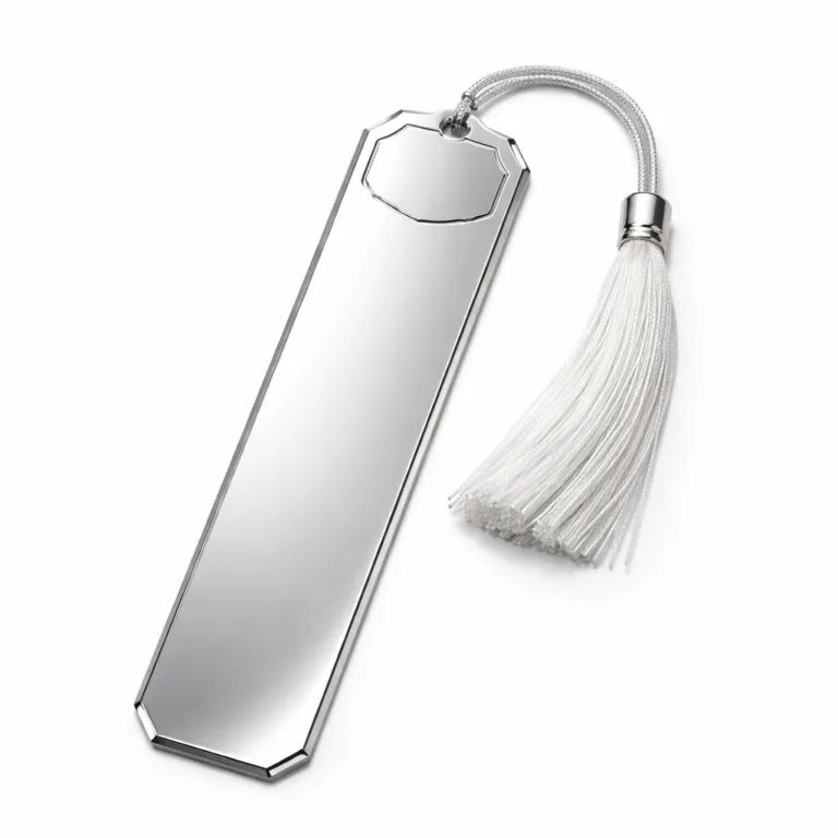 A lightweight, anodized aluminum bookmark tag with a highly reflective mirror polished surface. The beveled edge adds sophistication, and a debossed, unbranded emblem serves as a focal detail. This variant combines durability with a striking, modern appearance.