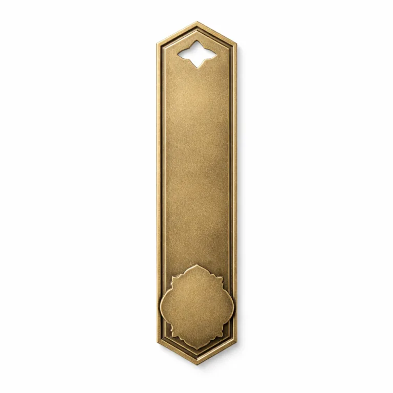 This bookmark tag variant is made from antique brass with a sandblasted matte texture, offering a classic look. The chamfered edge provides a refined profile, and an etched accent showcases the blank shape emblem. A timeless metal choice for elegant event giveaways.
