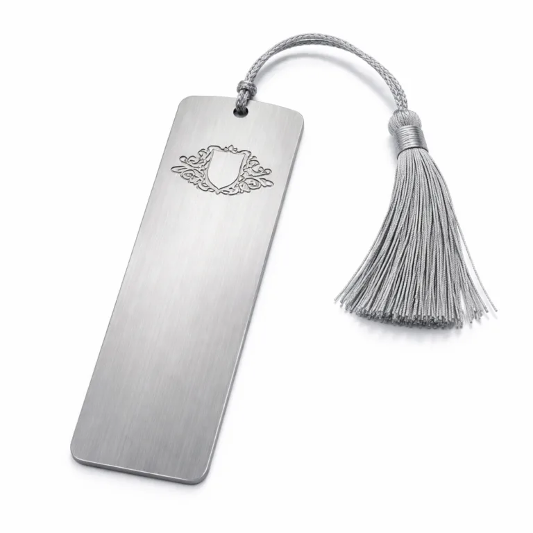 A premium bookmark tag crafted from brushed stainless steel, featuring elegantly rounded corners and a minimal blank emblem created by laser engraving. Designed for event souvenirs, exhibiting durability and modern style suitable for professional or personal use.