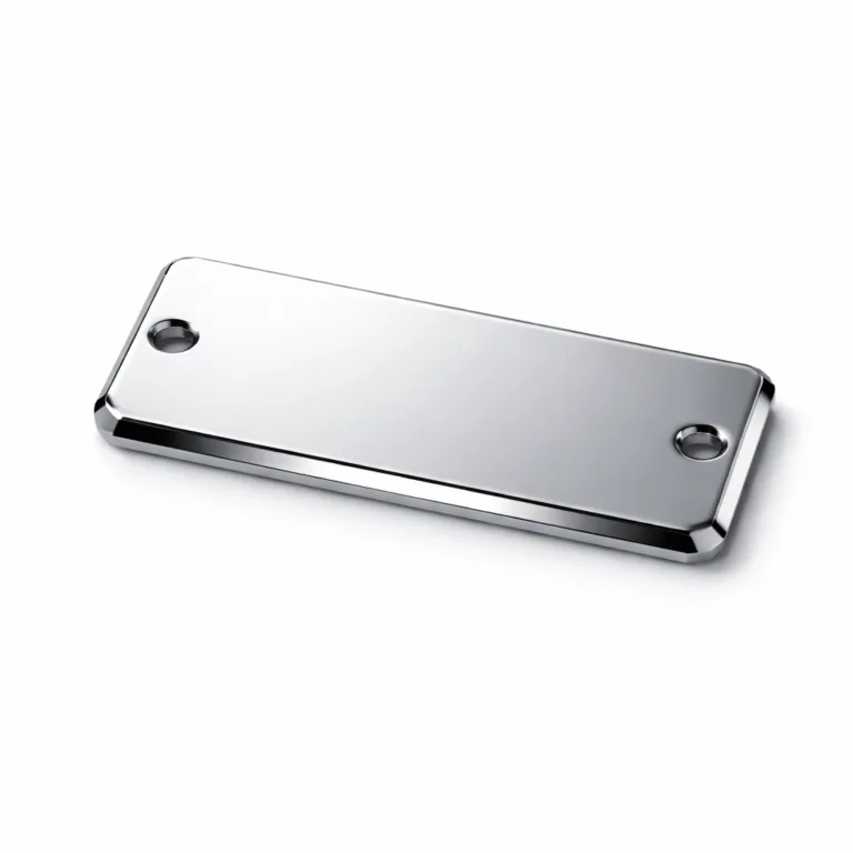 A single polished anodized aluminum Frame Logo Tag with a sleek beveled edge and two small mounting holes, perfect for attachment to products or displays.