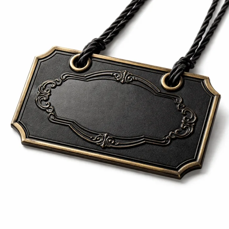 Garment tag in antique brass plated black finish, with beveled edges for a premium look and an embossed blank emblem in the center. Popular for vintage or retro clothing labels.